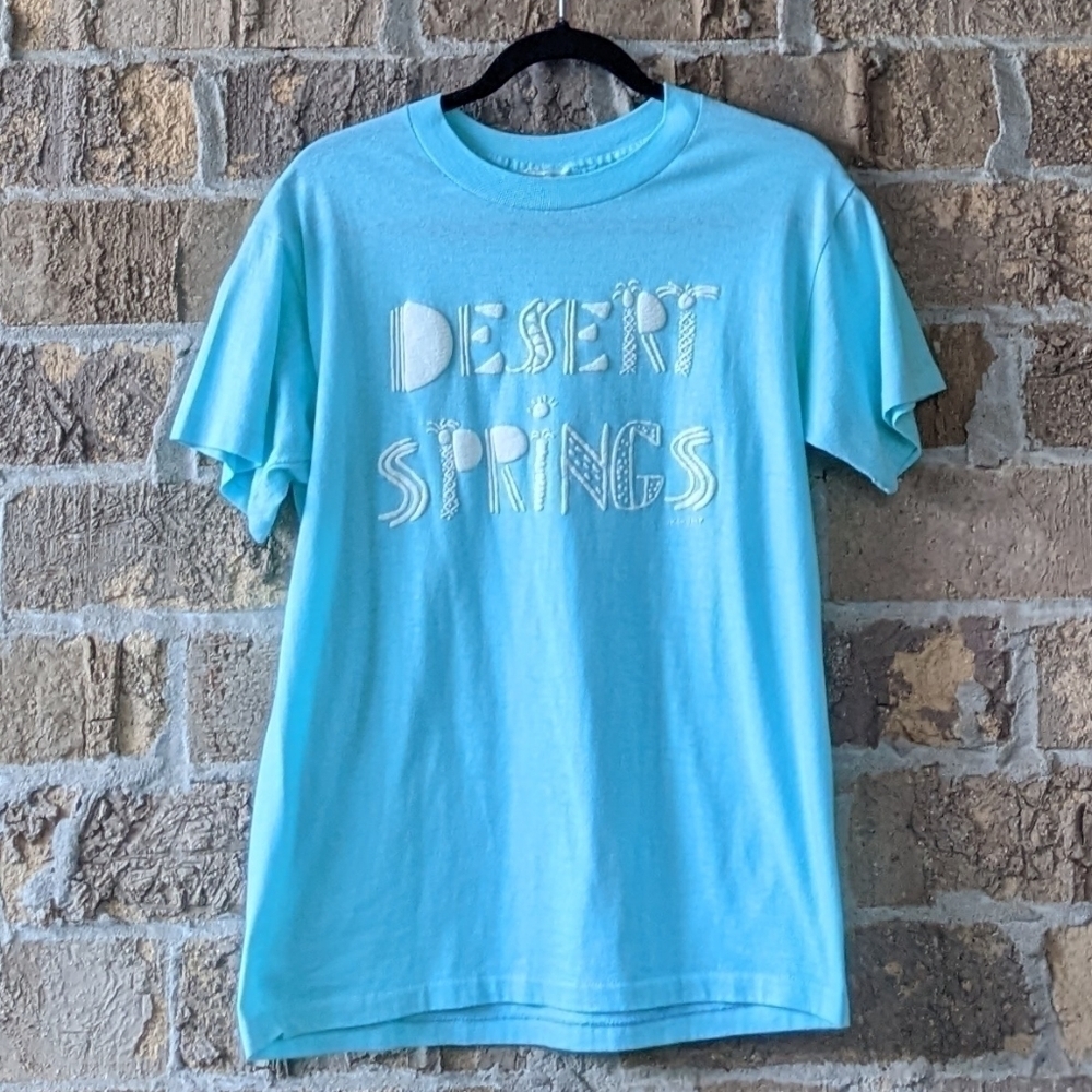 Vintage 1980s Ken Done Desert Springs T-Shirt Pastel Aqua Green Puffy